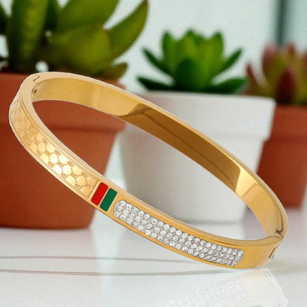 18k Gold Plated Bracelet Titanium Steel Double G Rhinestone Red Green New Bangle